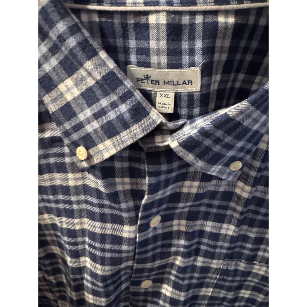 Peter Millar Mens XXL Blue White Plaid Button Down Long Sleeve Shirt Crown Logo